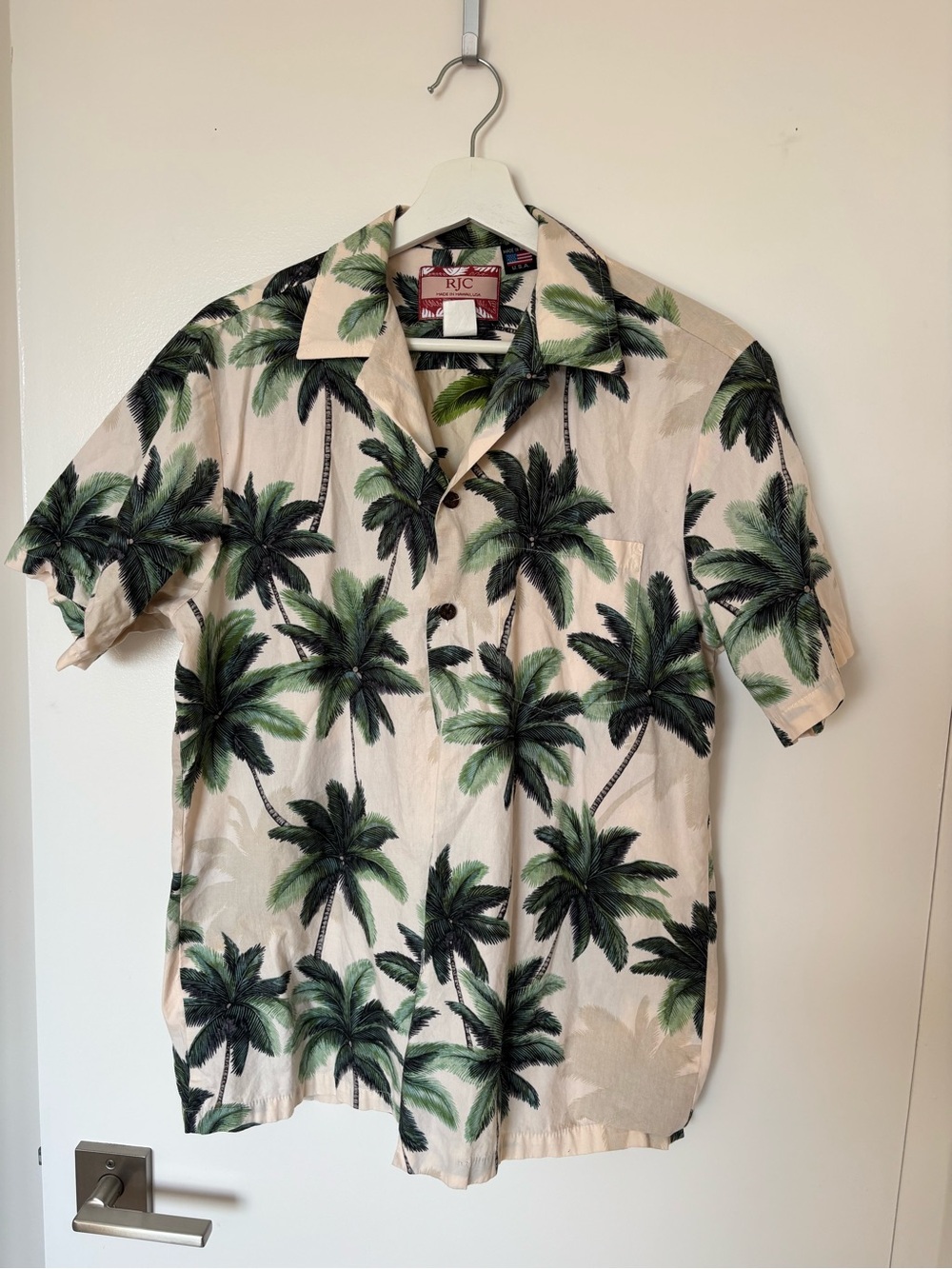 Vintage RJC Beige Palm-Print Short Sleeve Button-Up Shirt